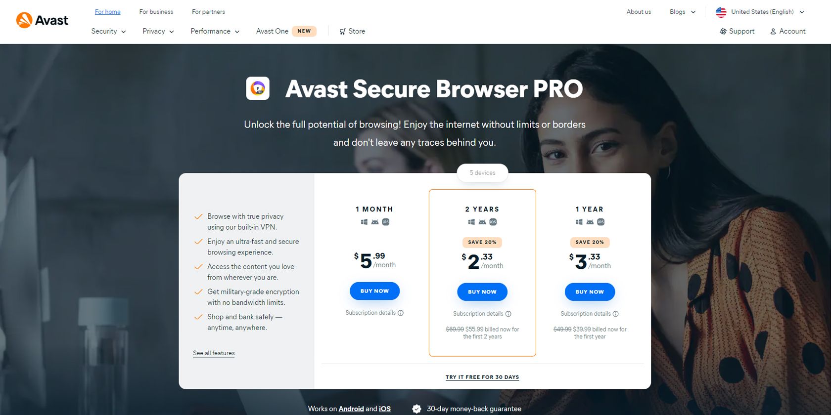 صفحة Avast Secure Browser PRO الرئيسية 
