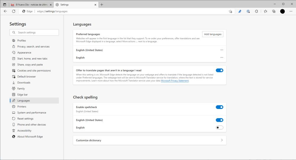 قائمة إعدادات لغة متصفح Edge 