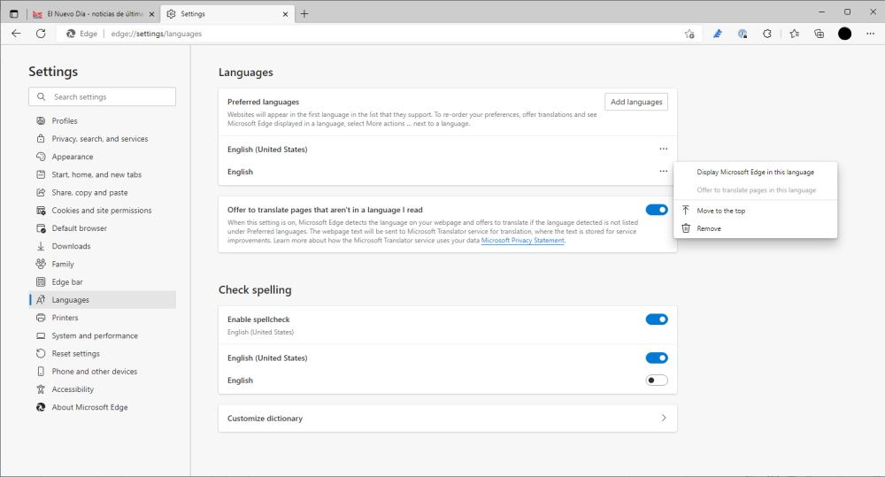 قائمة اختيار اللغة المفضلة لمتصفح Edge 