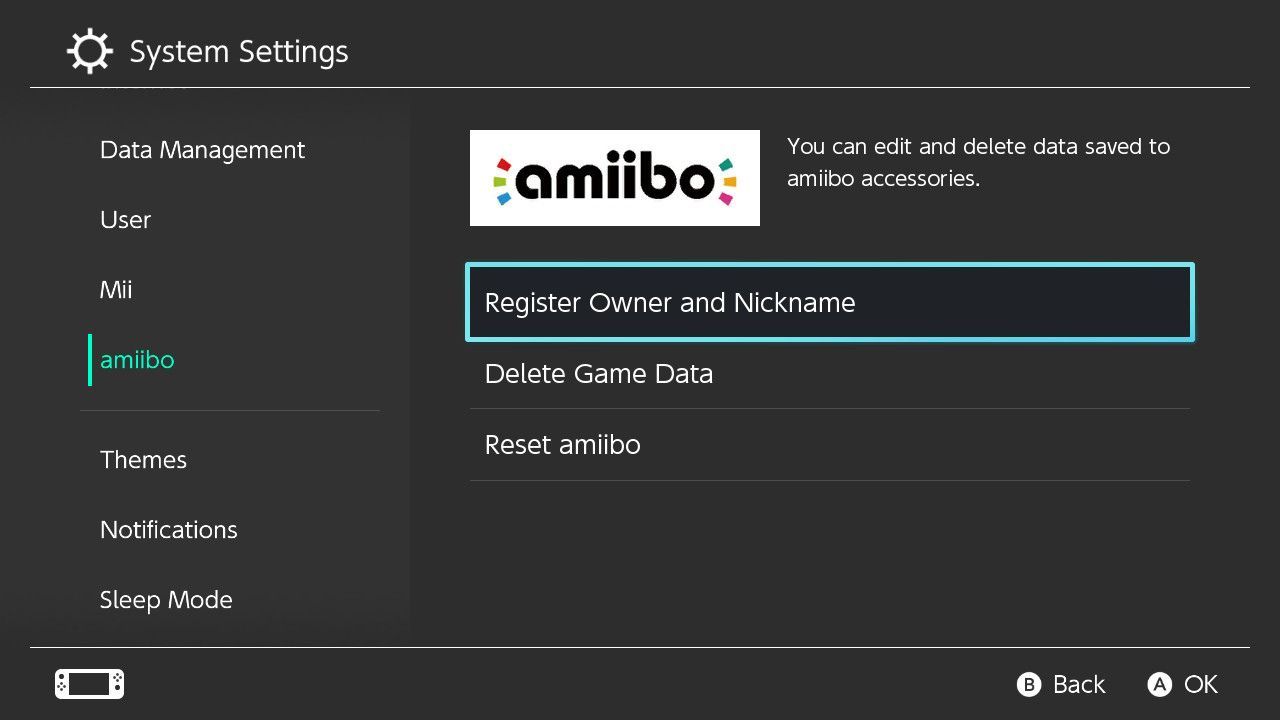 في قسم Amiibo ، حدد تسجيل المالك والاسم المستعار 