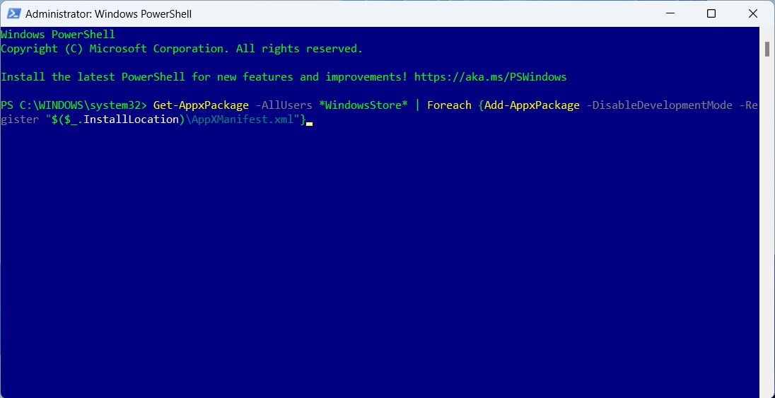 أمر لإعادة تسجيل Microsoft Store عبر PowerShell 