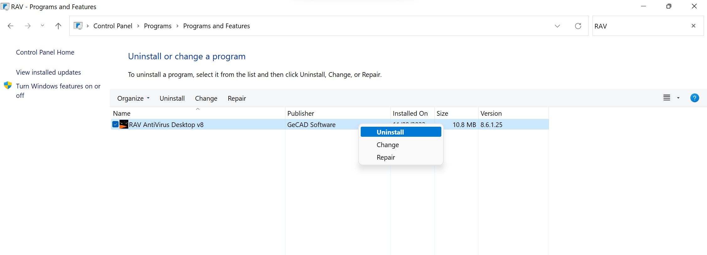 إزالة تثبيت RAV Antivirus في لوحة تحكم Windows 