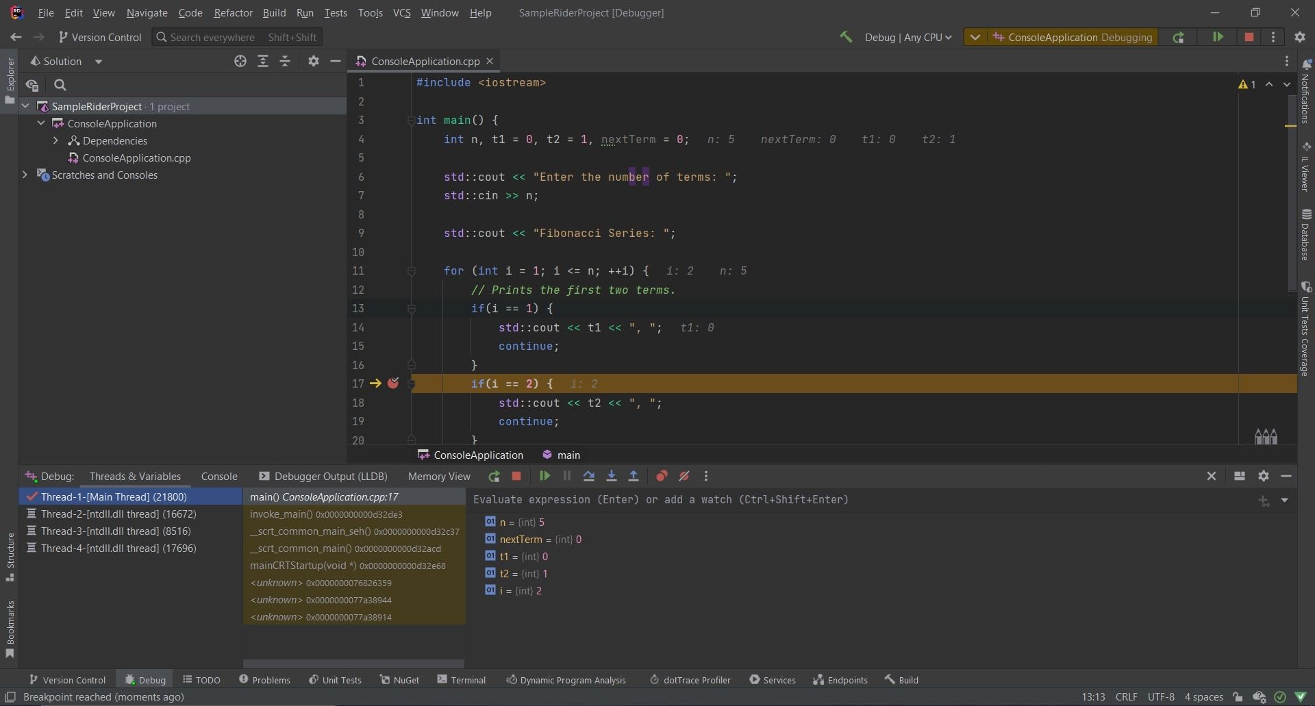 Jetbrains rider يعرض مصحح الأخطاء 