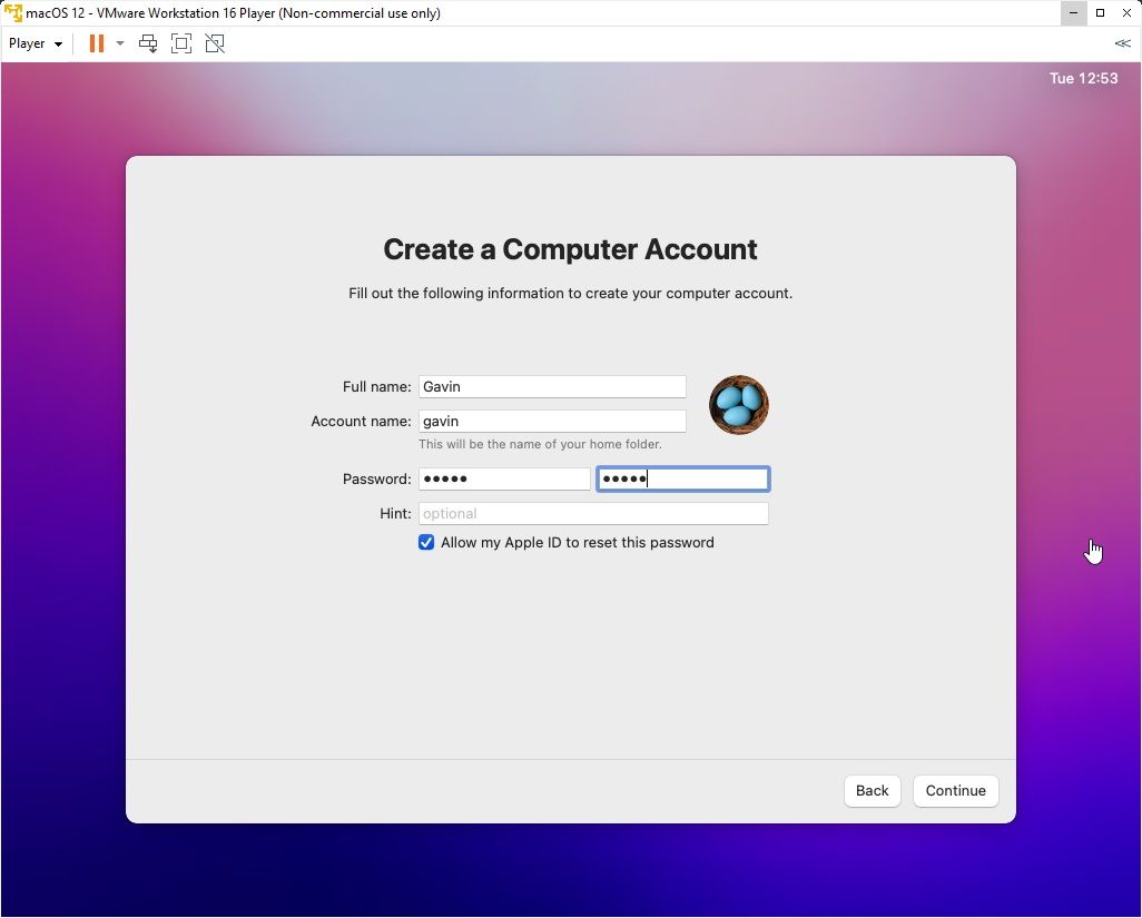 macos monterey vmware virtual machine create account 