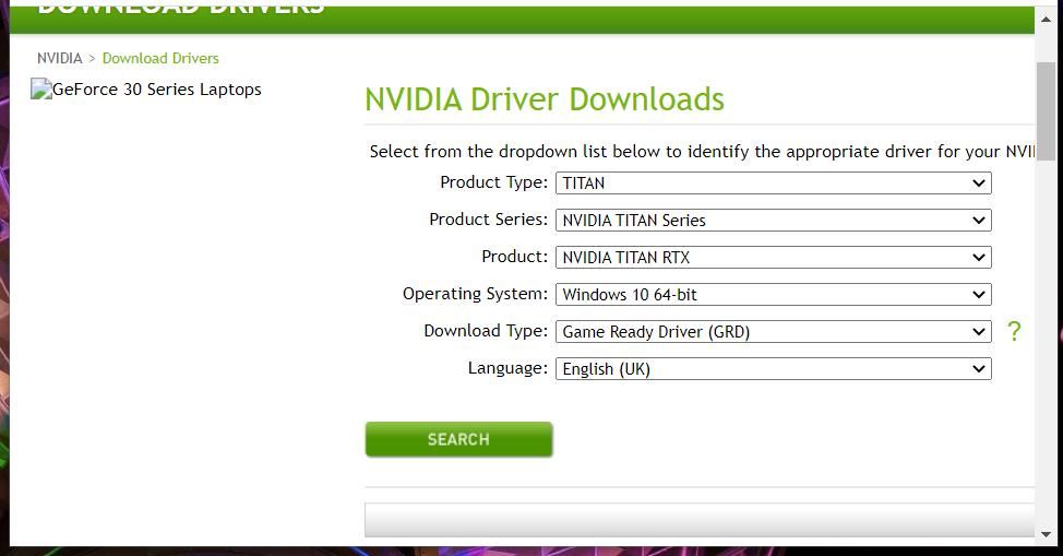 صفحة تنزيل برنامج تشغيل NVIDIA 