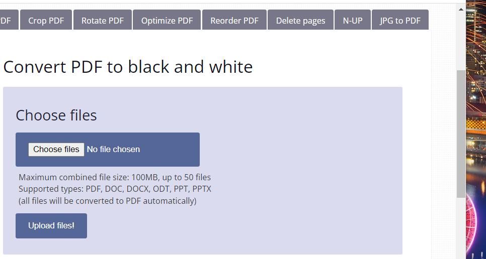 تطبيق تحويل PDF إلى تطبيق ويب أبيض وأسود 