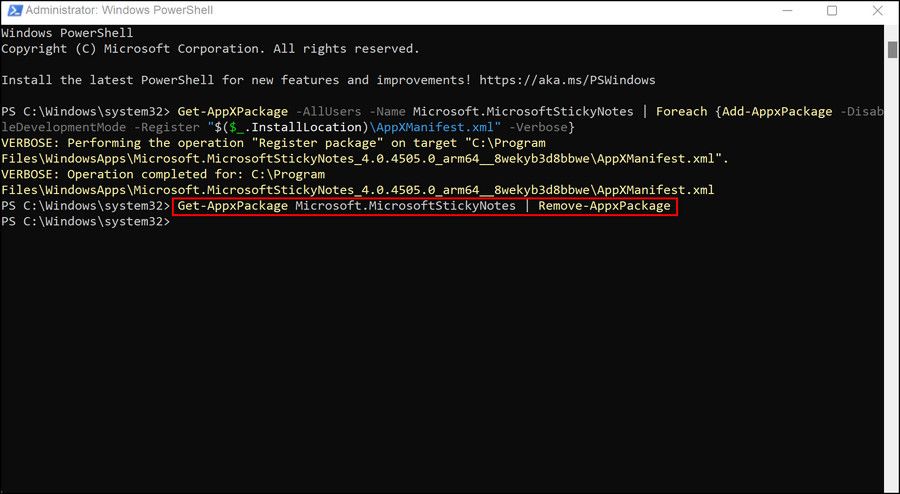 أمر Powershell لإزالة الملاحظات اللاصقة 