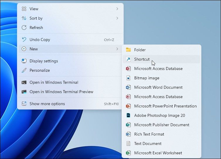 إنشاء اختصار جديد لسطح المكتب في Windows 11 