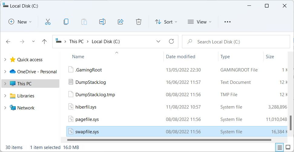 windows swapfile.sys في محرك الأقراص المحلي 