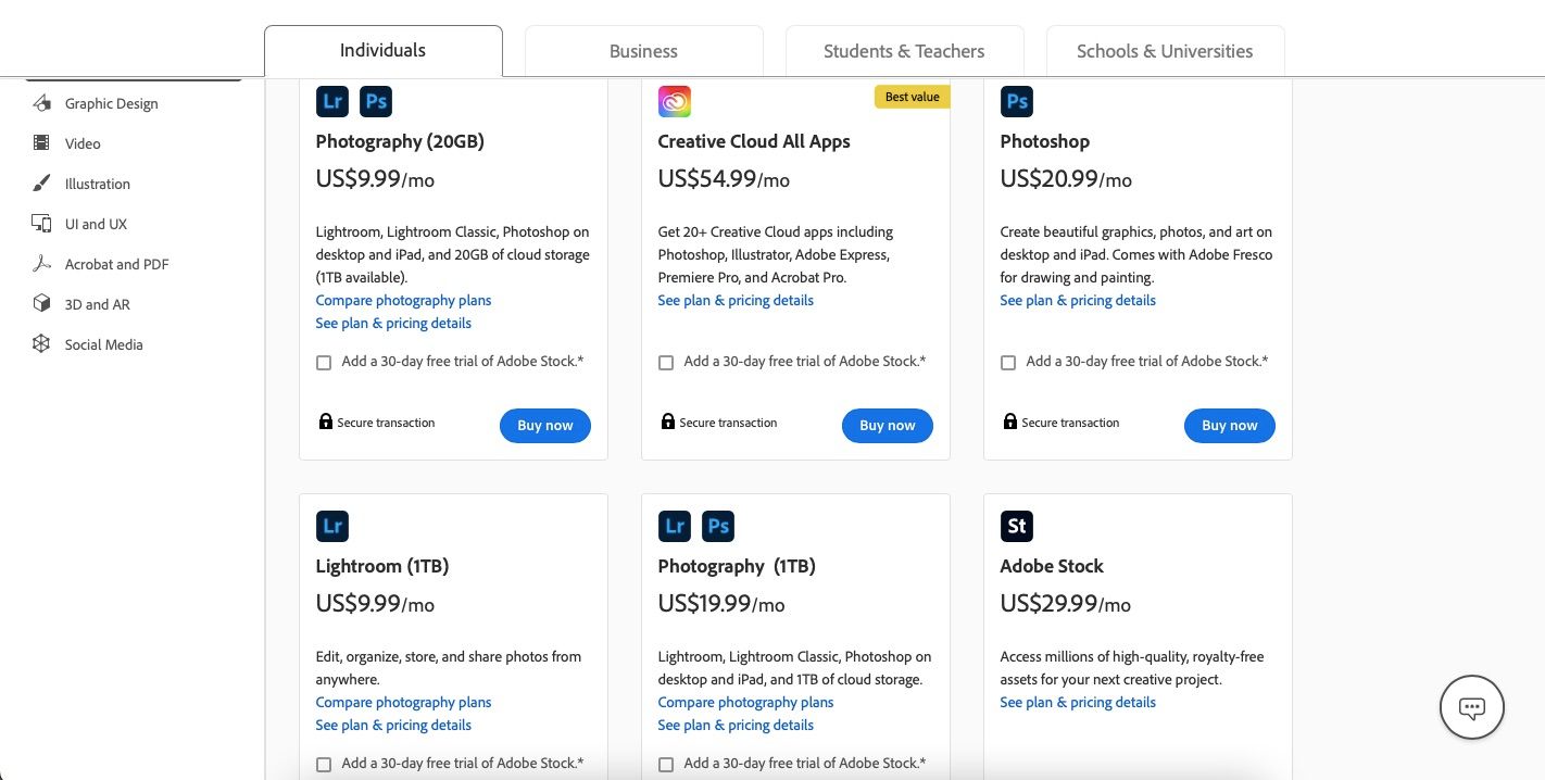 مخطط تسعير Adobe CC للتصوير الفوتوغرافي 