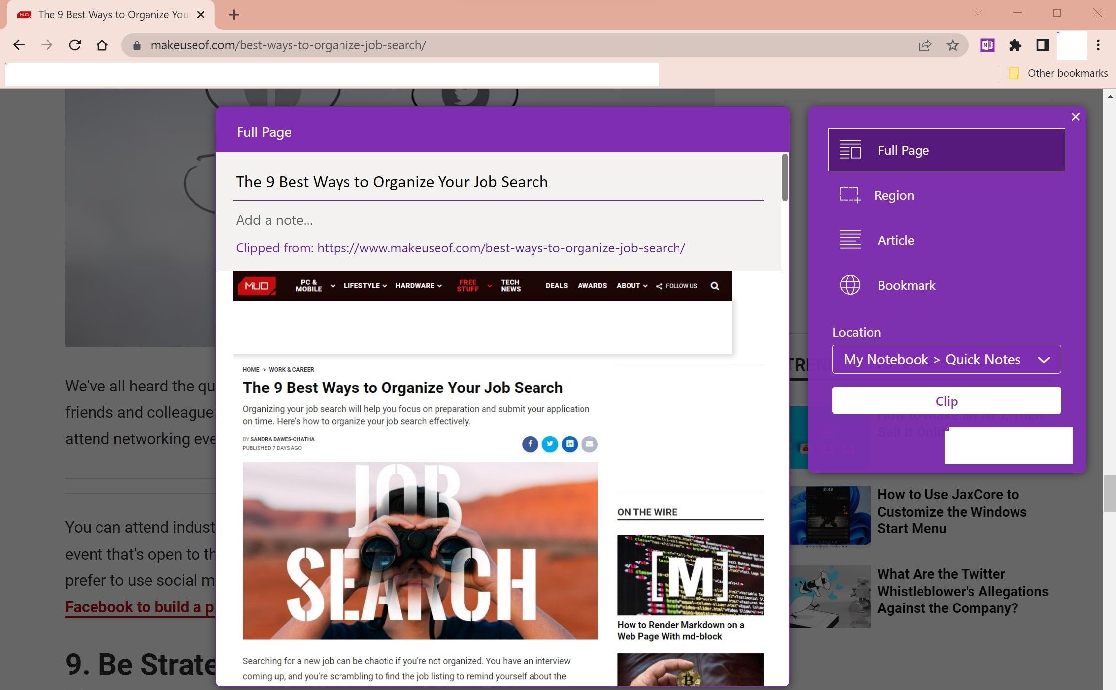 قص صفحة كاملة من موقع MUO باستخدام OneNote Web Clipper Extension في Chrome 