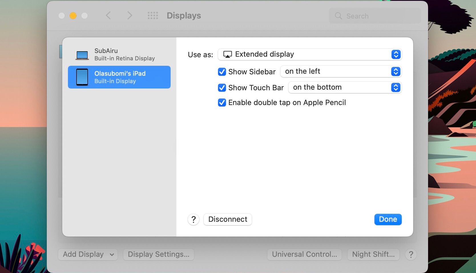 تخصيص Sidecar في إعداد العرض على Mac 