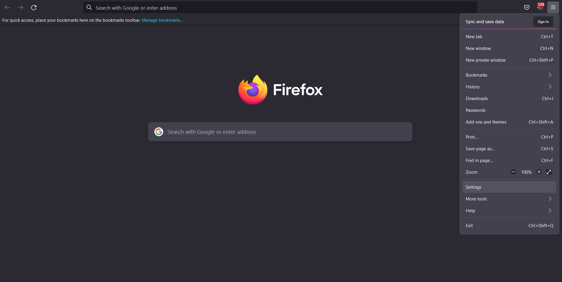 قائمة Firefox بالإعدادات 