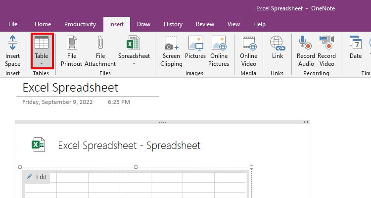 إدراج جدول بيانات في OneNote 