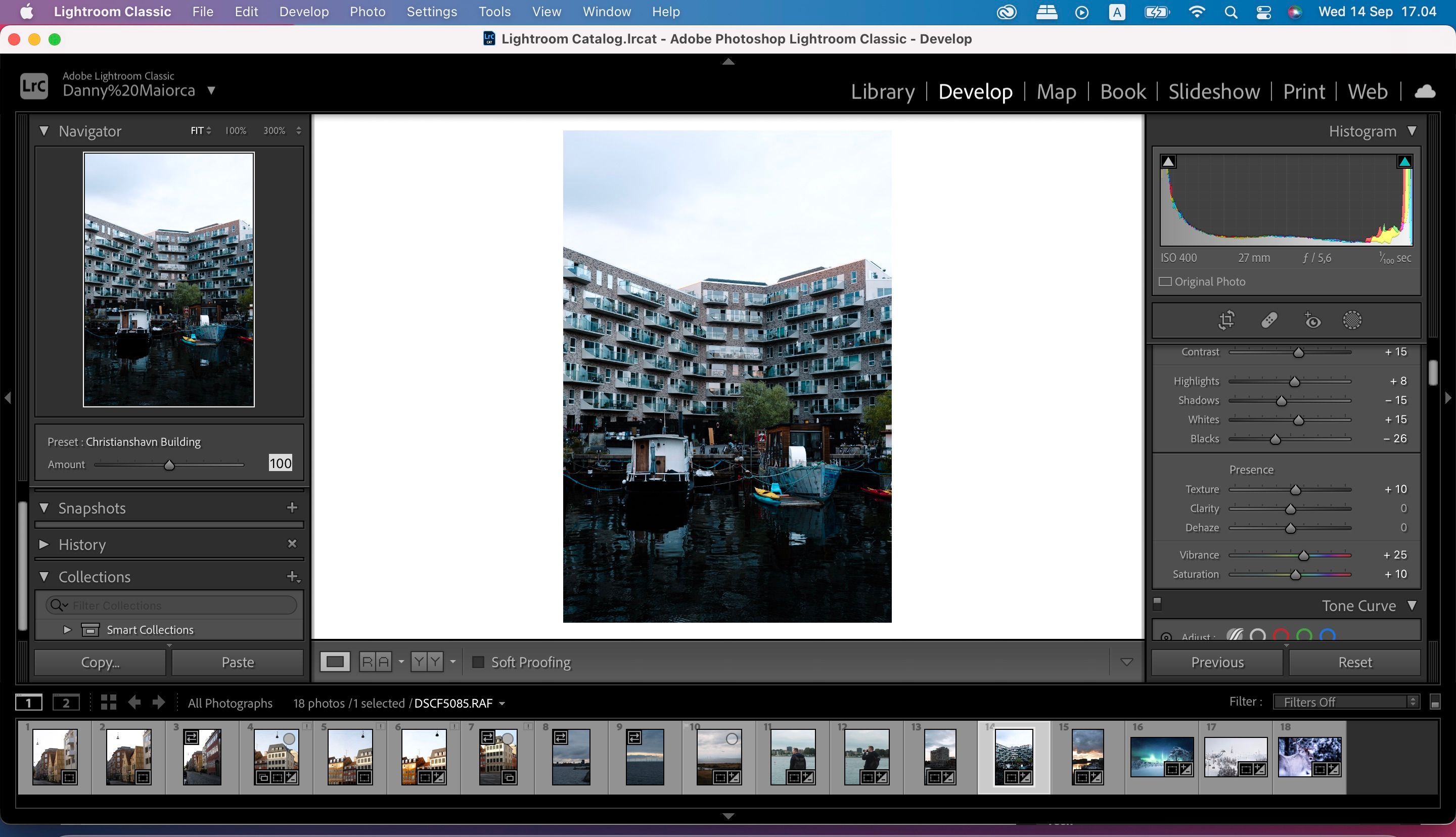 لقطة شاشة تعرض أدوات تحرير الصور الرئيسية في Lightroom 