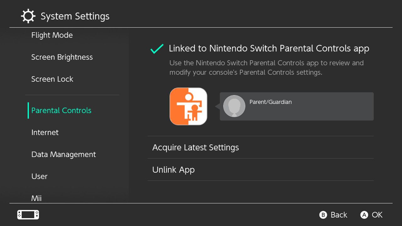 خيار تطبيق Nintendo Switch Unlink Parental Controls 