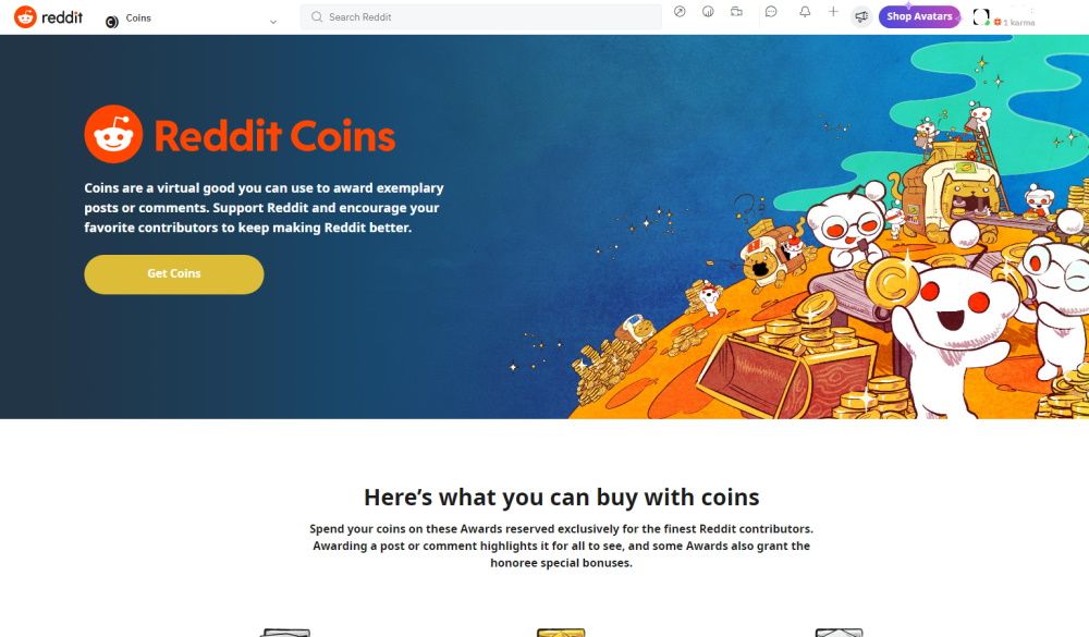 الصفحة الرئيسية لـ Reddit Coins تعرض عملات معدنية 