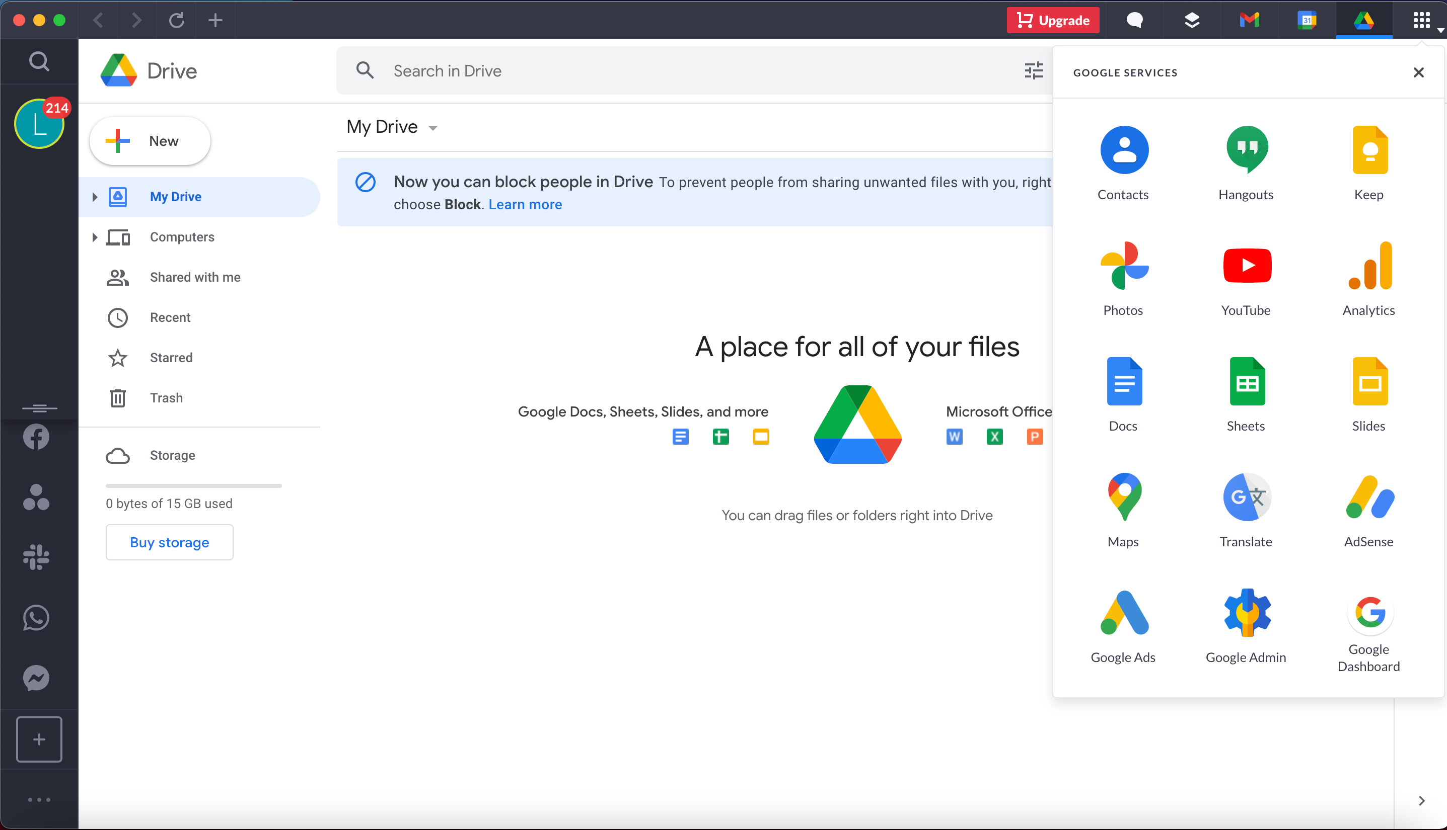 لقطة شاشة لتطبيق المراسلة الكل في واحد المسمى Shift تعرض تكامل Google Drive. 