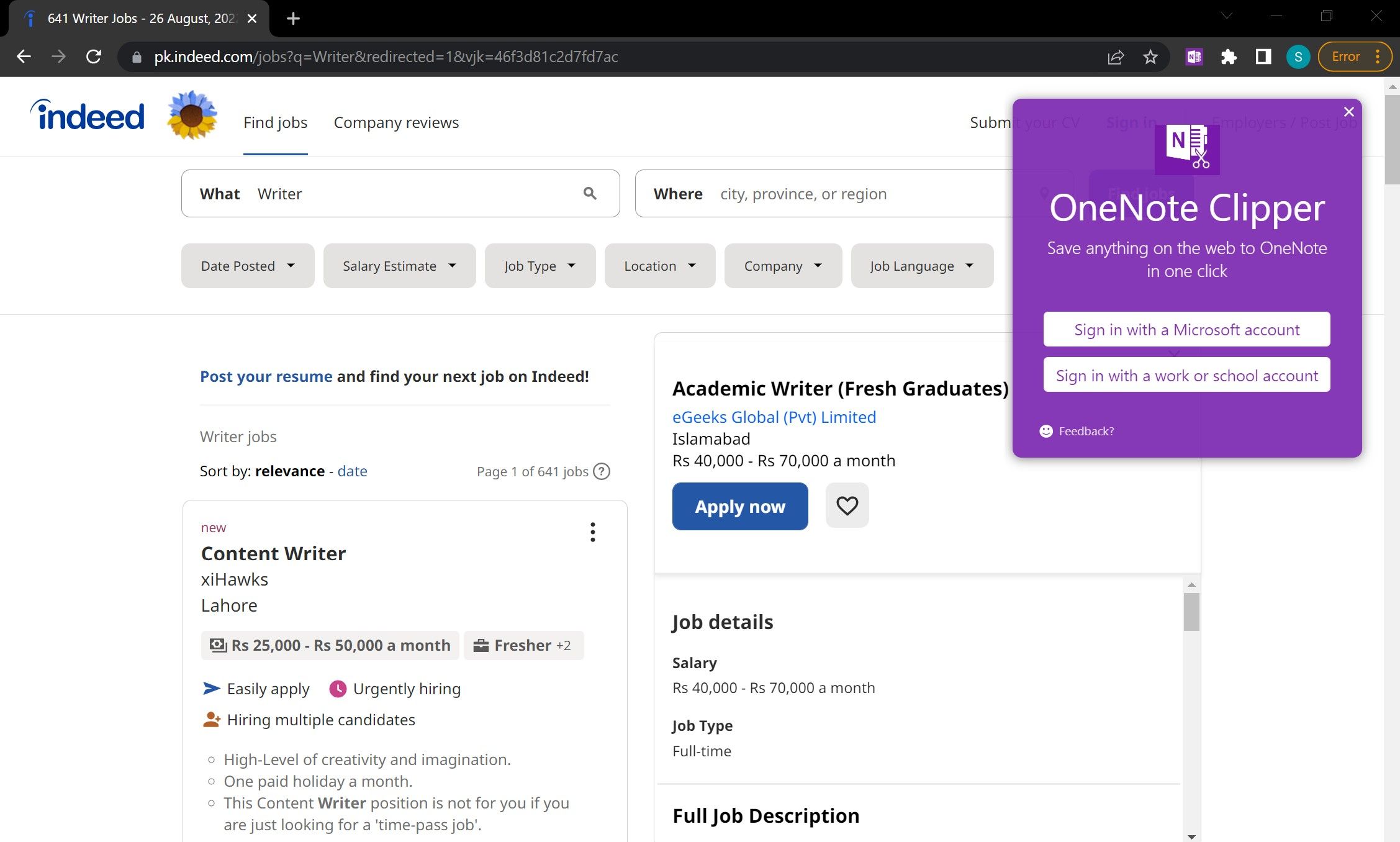 تسجيل الدخول على OneNote Web Clipper Extension في Chrome 