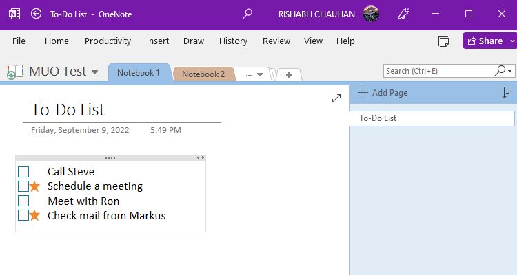 قائمة مميزة بنجمة في OneNote 