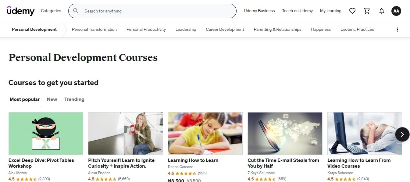 صفحة Udemy الرئيسية 