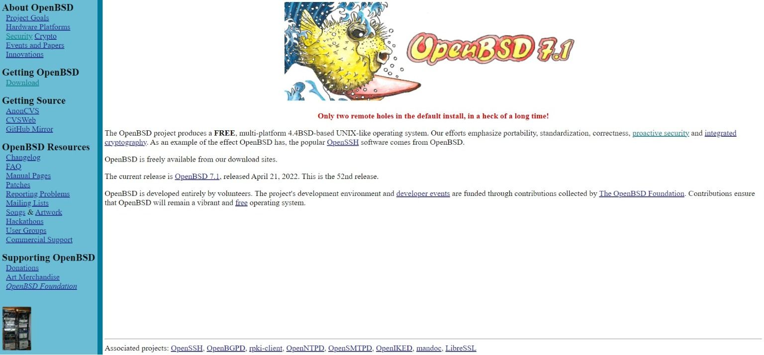 الصفحة الرئيسية لموقع OpenBSD 