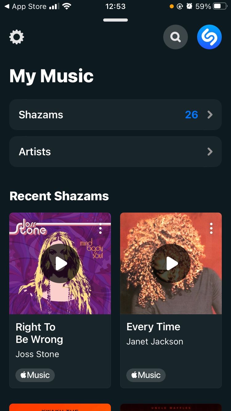 لقطة شاشة للصفحة الرئيسية لتطبيق shazam للجوال 