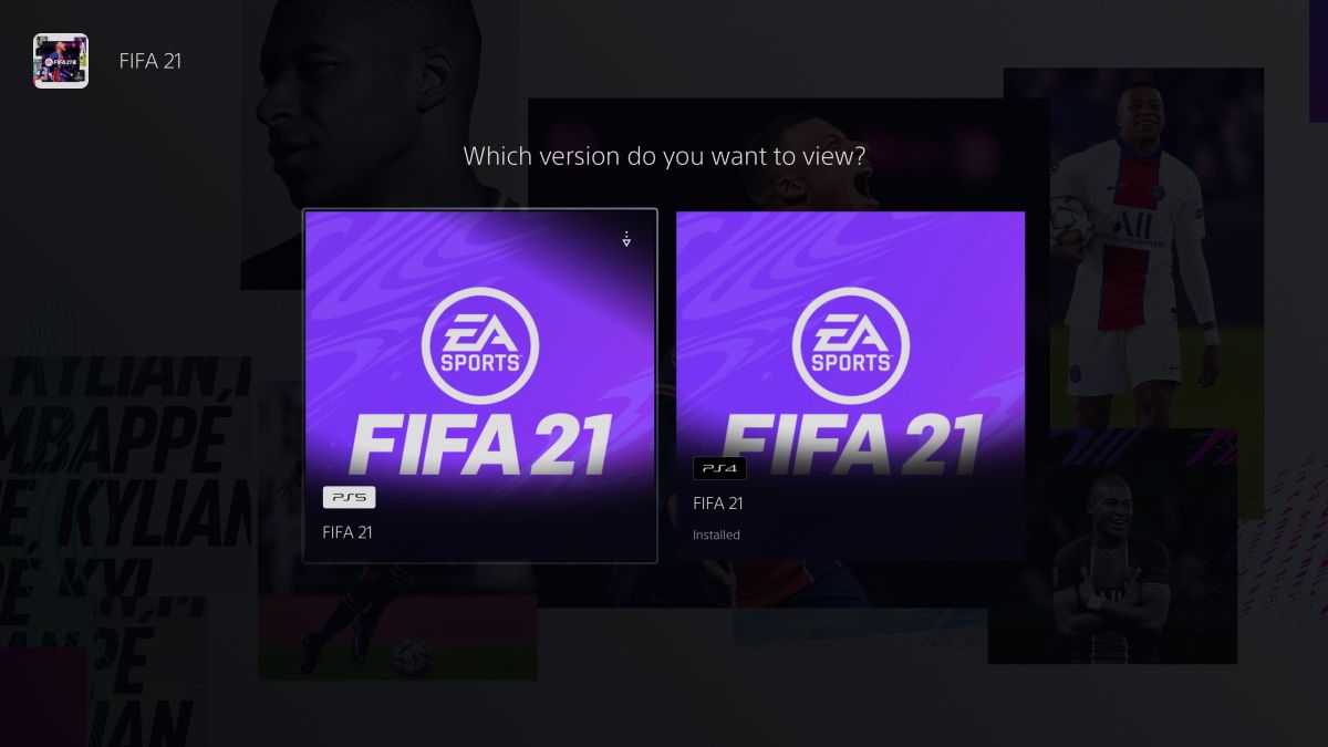 لقطة شاشة تعرض إصداري PS4 و PS5 من FIFA 21 