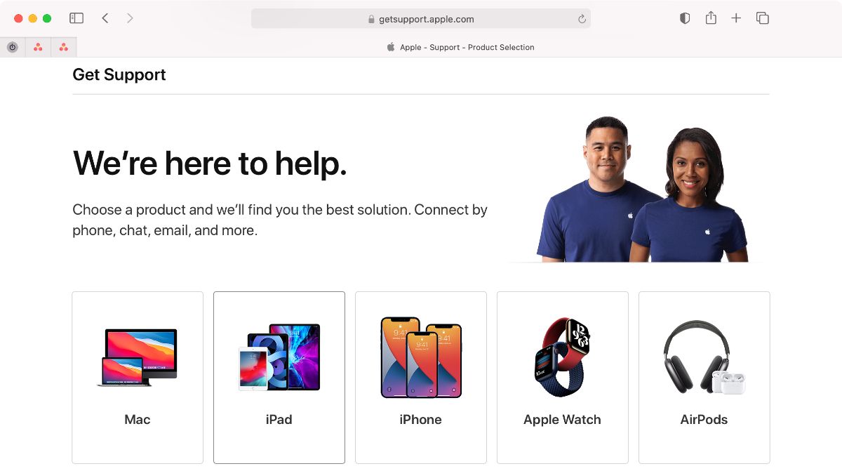 موقع ويب Apple Get Support في Safari على Mac 