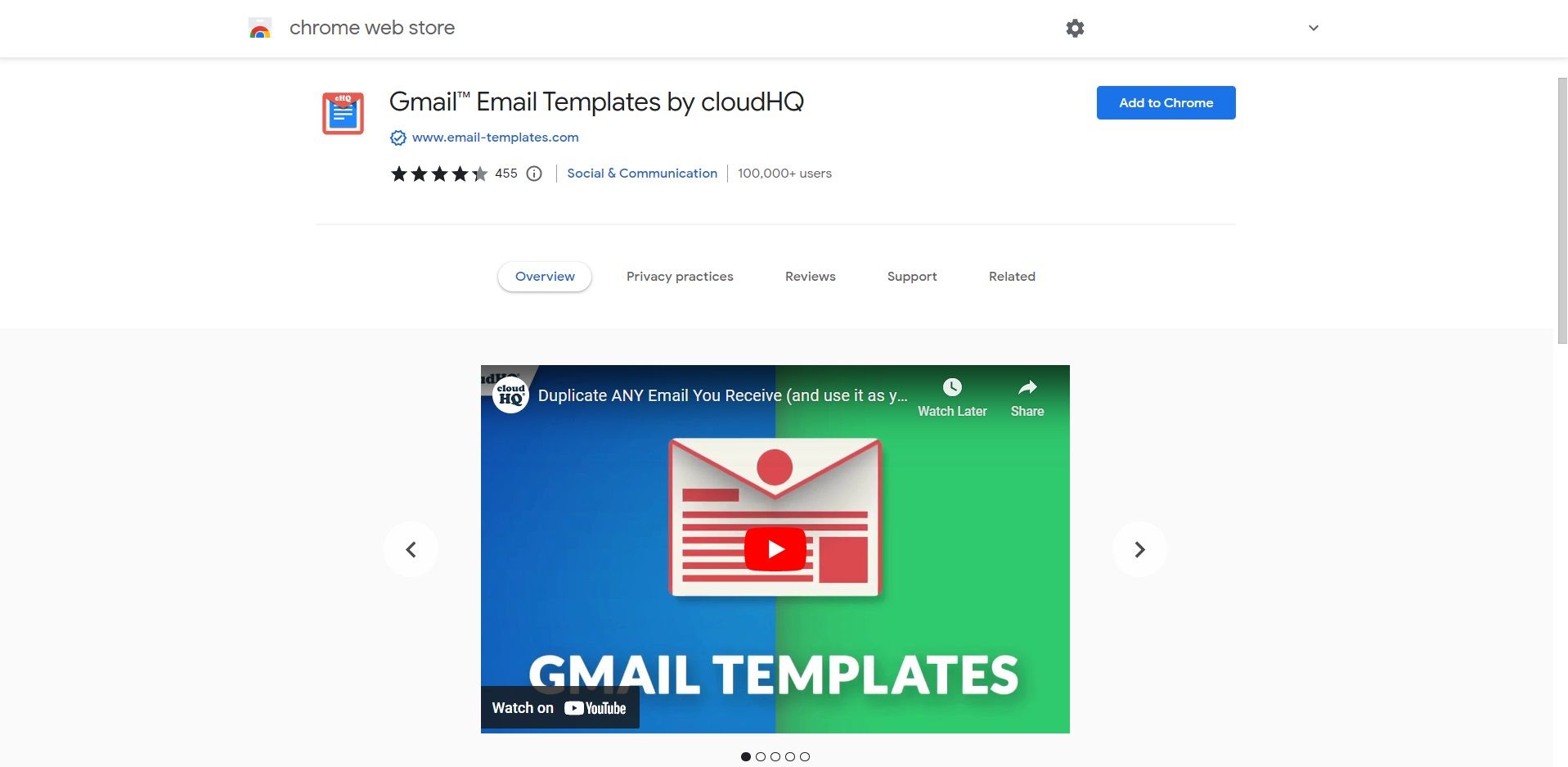 امتداد نموذج بريد Gmail الإلكتروني في سوق Chrome الإلكتروني 