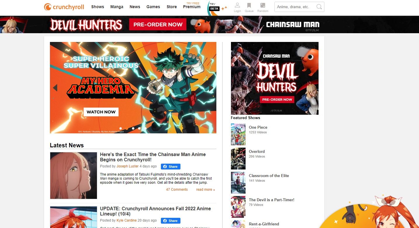 صفحة Crunchyroll الرئيسية 