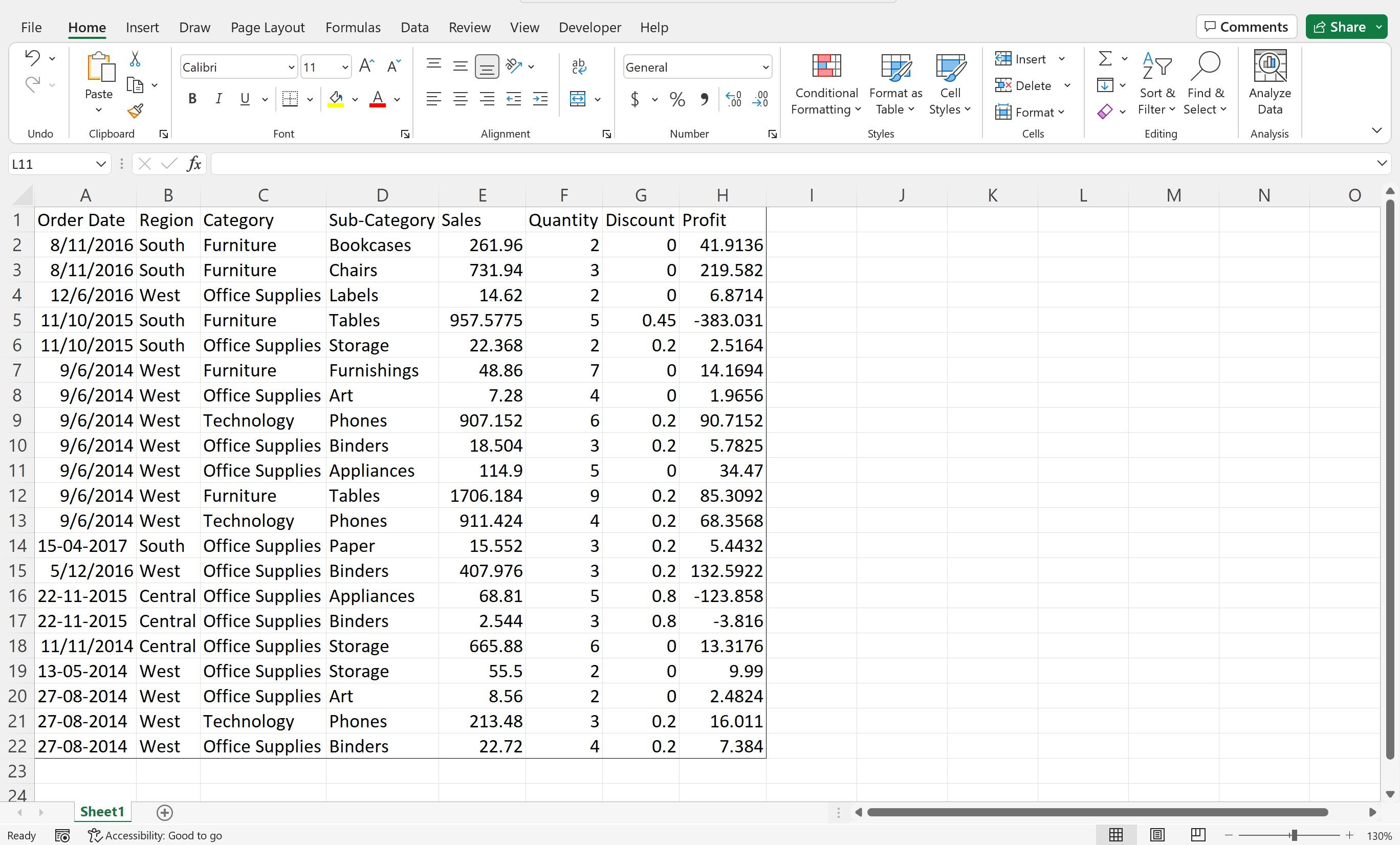 لقطة بيانات في Excel تعرض الحقول المختلفة 