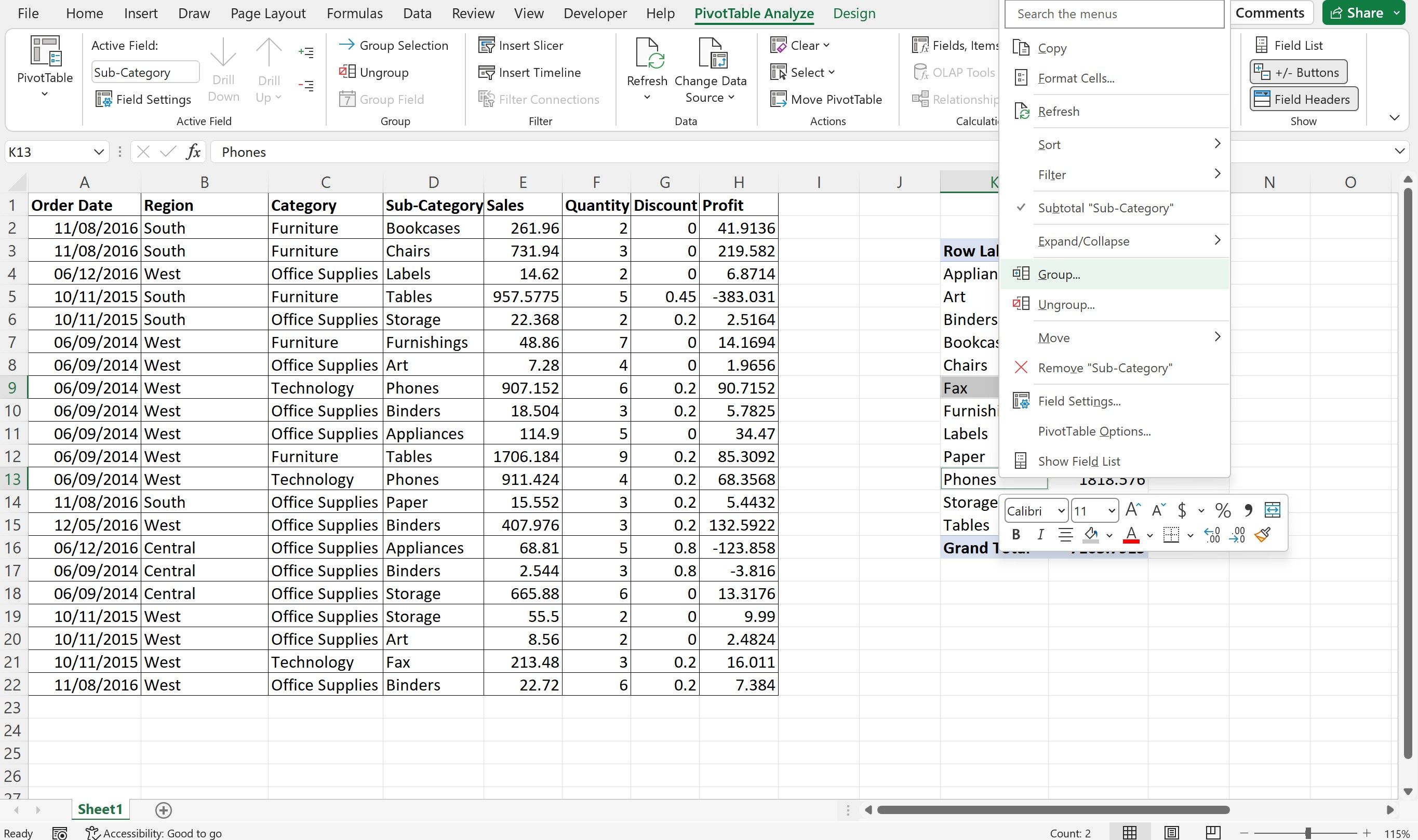 خيار قائمة المجموعة ضمن جدول محوري في Excel 