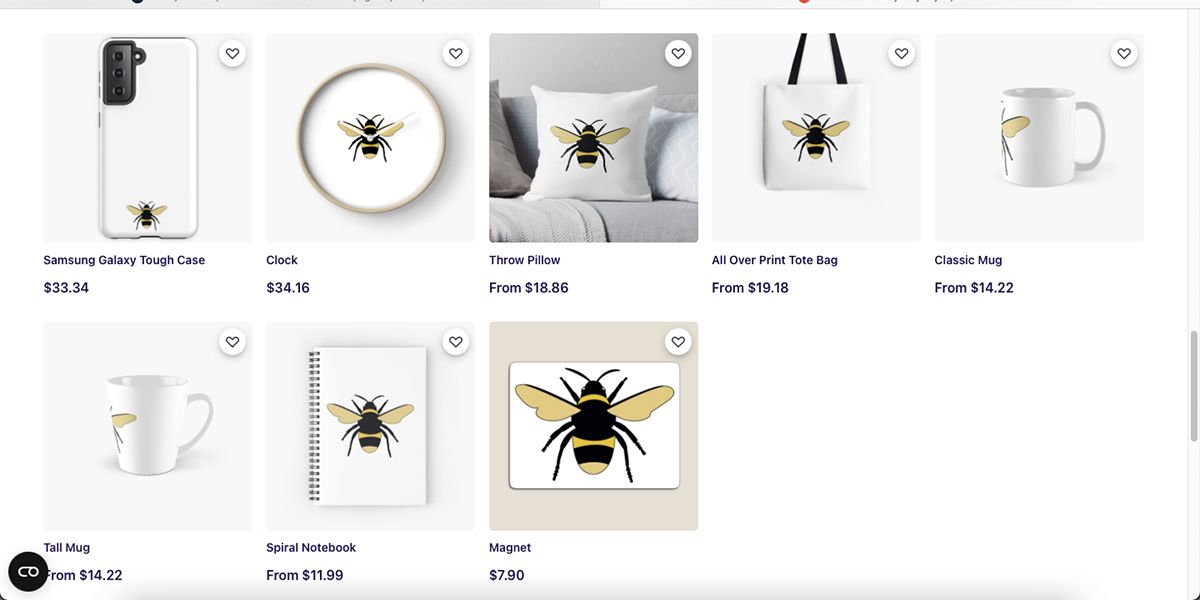 لقطة شاشة لمنتجات RedBubble بتصميم Bee. 