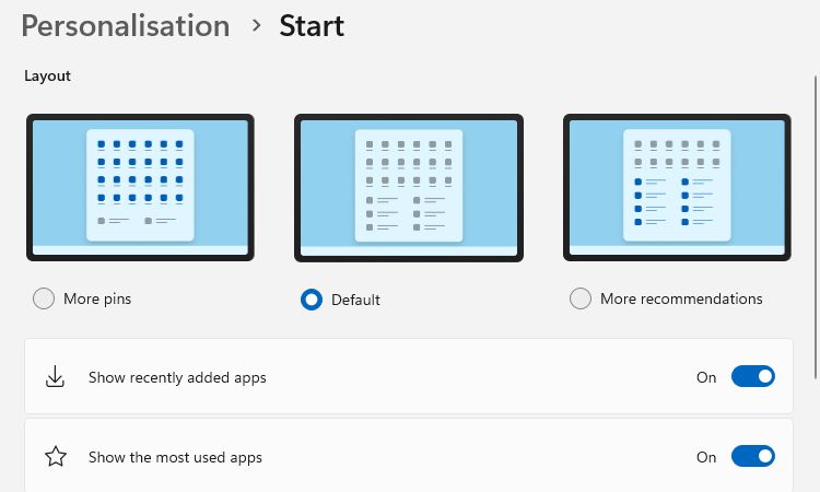 خيارات التخطيط لقائمة ابدأ في Windows 11 