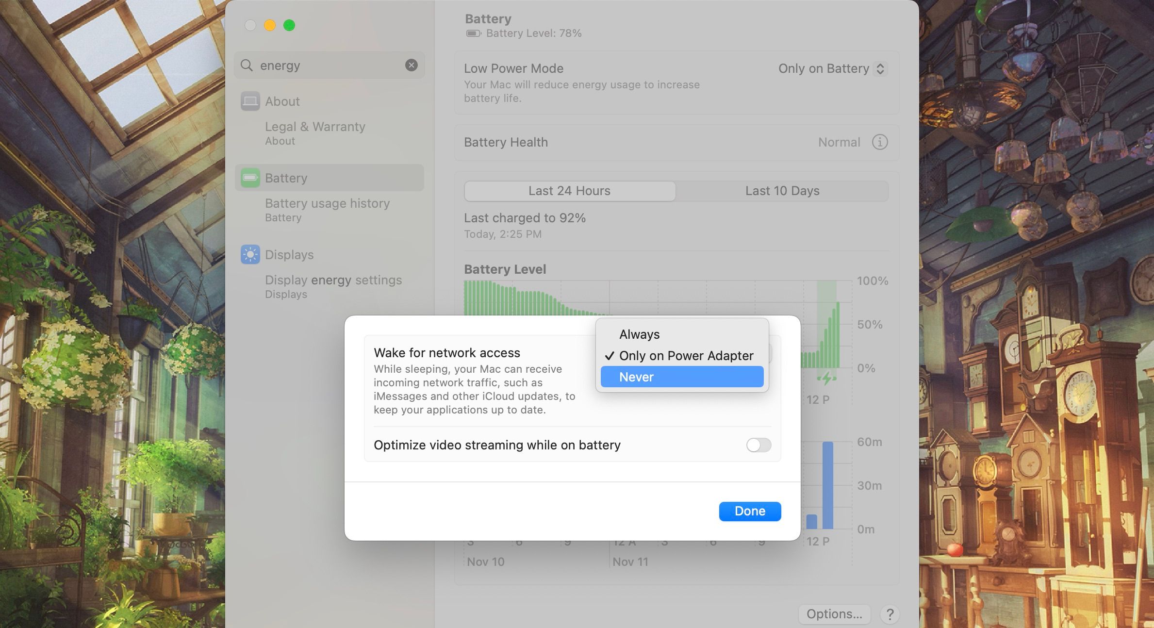 Wake for network access window في System Settings 