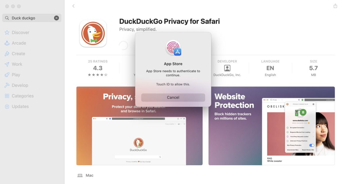 لقطة شاشة لمصادقة Mac لتثبيت أساسيات خصوصية DuckDuckGo 