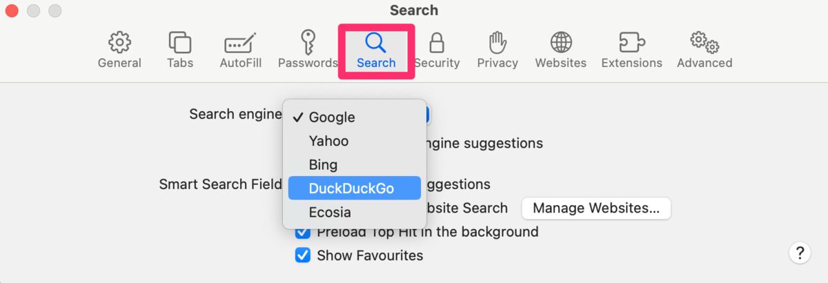 لقطة شاشة لإعدادات Safari لجعل DuckDuckGo محرك بحث افتراضيًا 