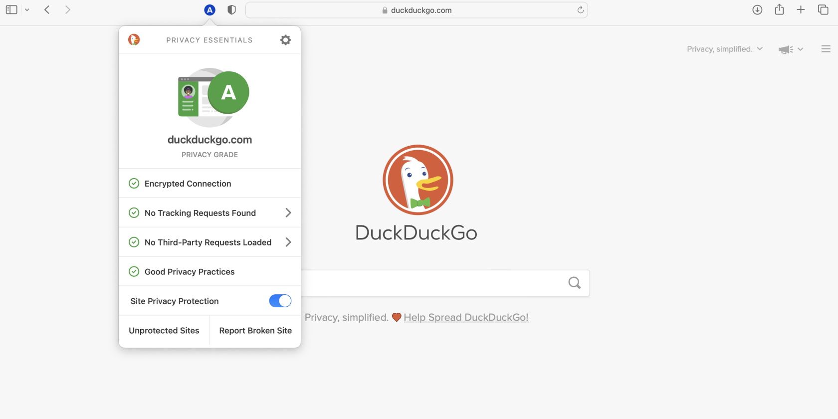 لقطة شاشة لحالة خصوصية DuckDuckGo.com 