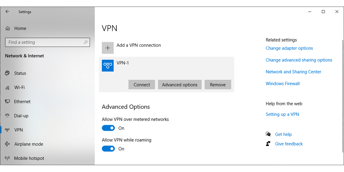 إعدادات VPN في Windows 10 