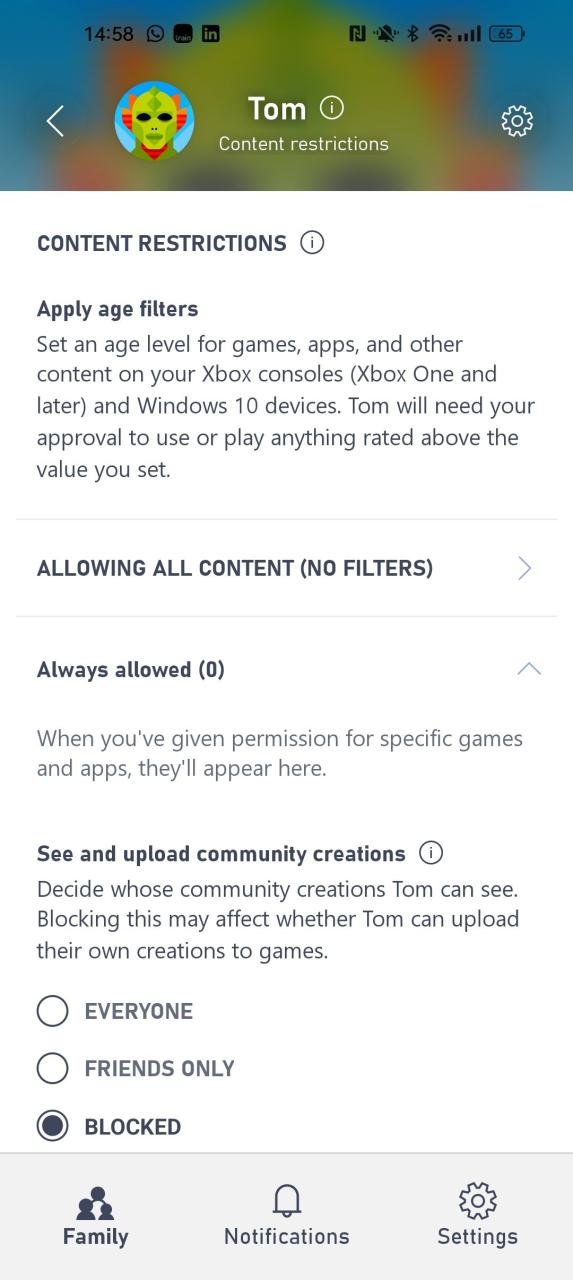 لقطة شاشة للإعدادات الأبوية لتقييد المحتوى في تطبيق إعدادات عائلة Xbox 