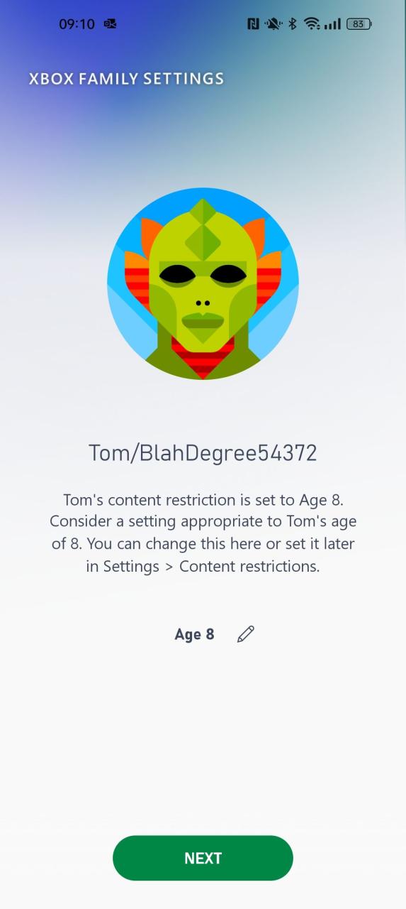 لقطة شاشة لعملية الإعداد لأحد أفراد العائلة على تطبيق إعدادات العائلة في Xbox مع تمييز العمر 