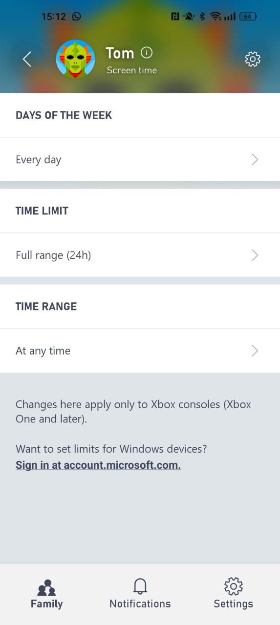 لقطة شاشة تعرض إعدادات الجدول للخيارات الأبوية لـ Screen Time في تطبيق إعدادات عائلة Xbox 