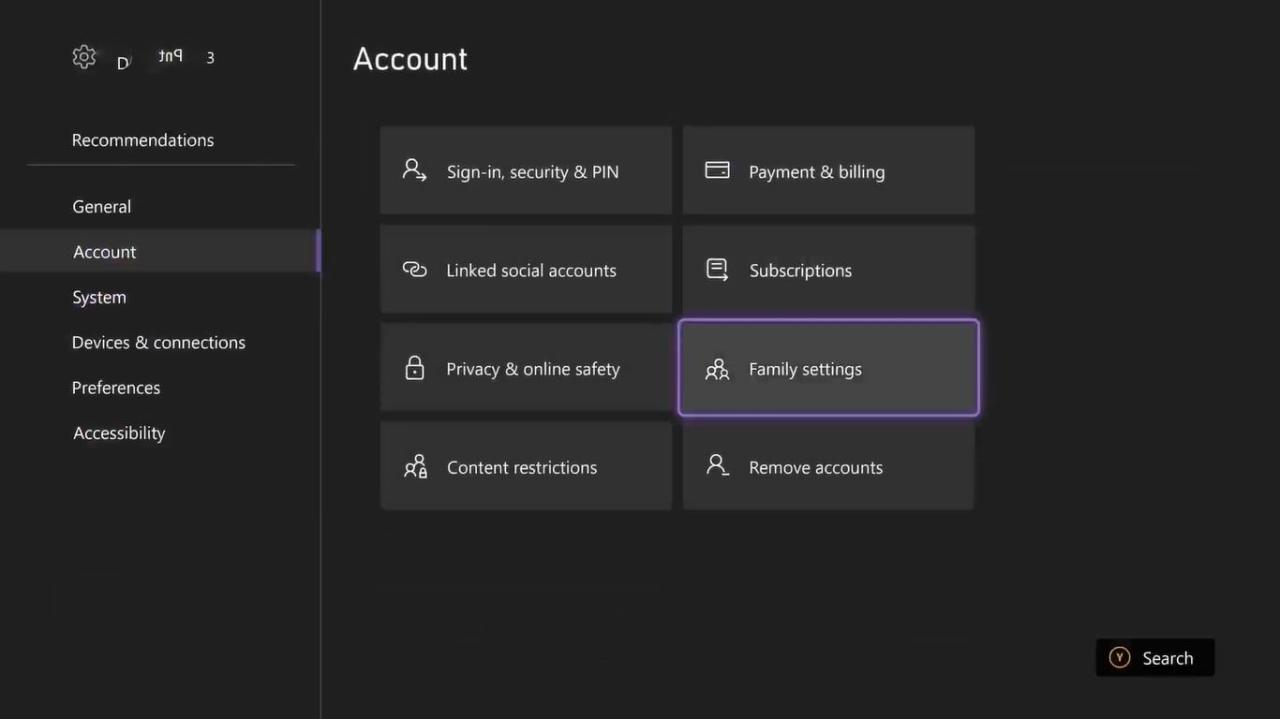 لقطة شاشة لإعدادات الحساب لجهاز Xbox Series X مع تمييز إعدادات العائلة 