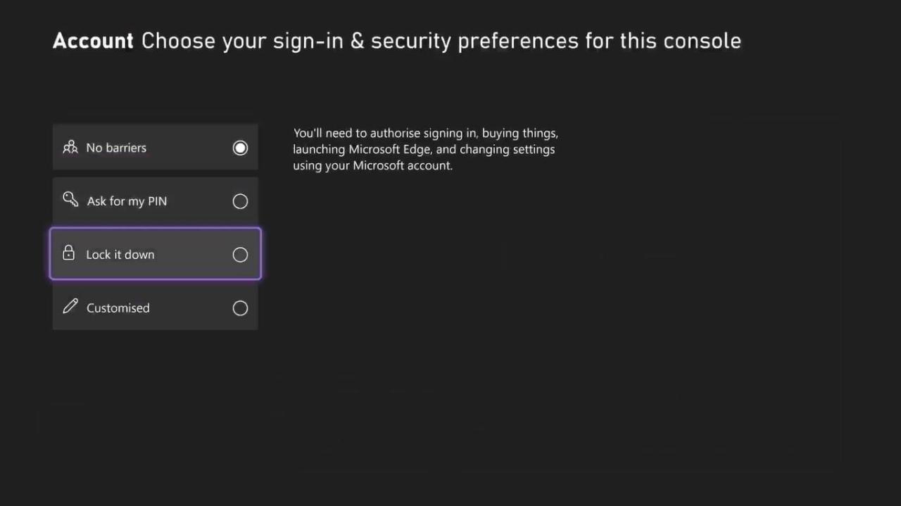 لقطة شاشة لخيارات تسجيل الدخول وتفضيلات الأمان على Xbox Series X مع تمييز Lock It Down 