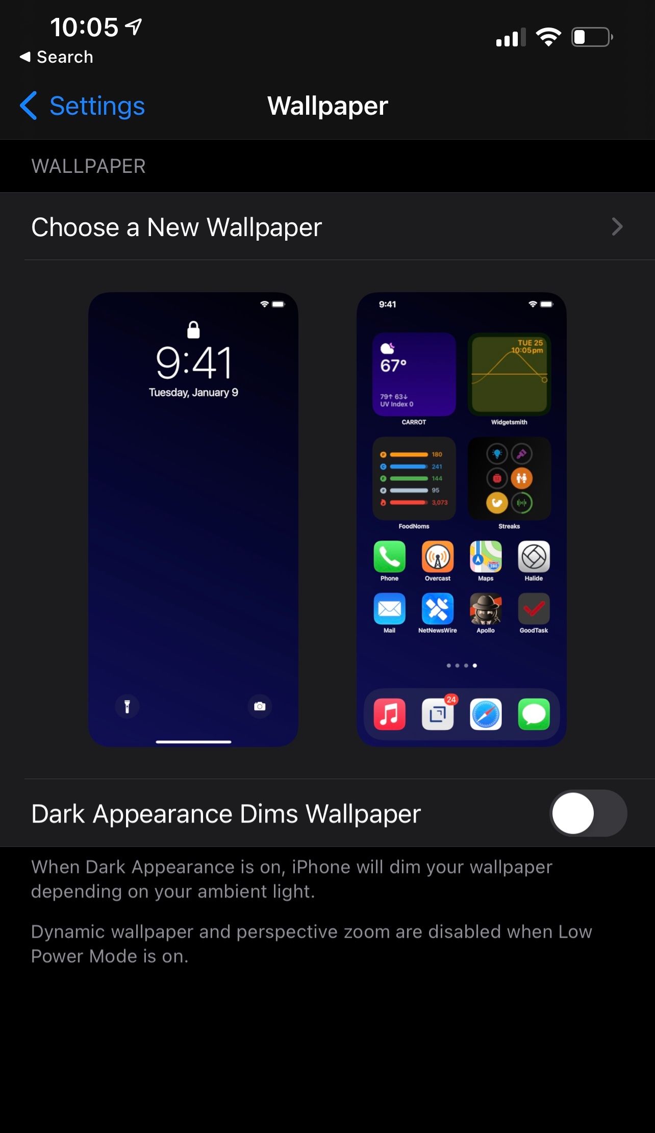 Penampilan gelap iPhone meredupkan wallpaper mati