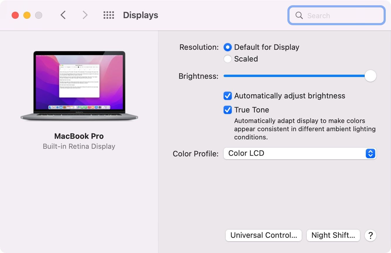 Preferensi tampilan di macOS Monterey dengan opsi Default untuk Tampilan dipilih