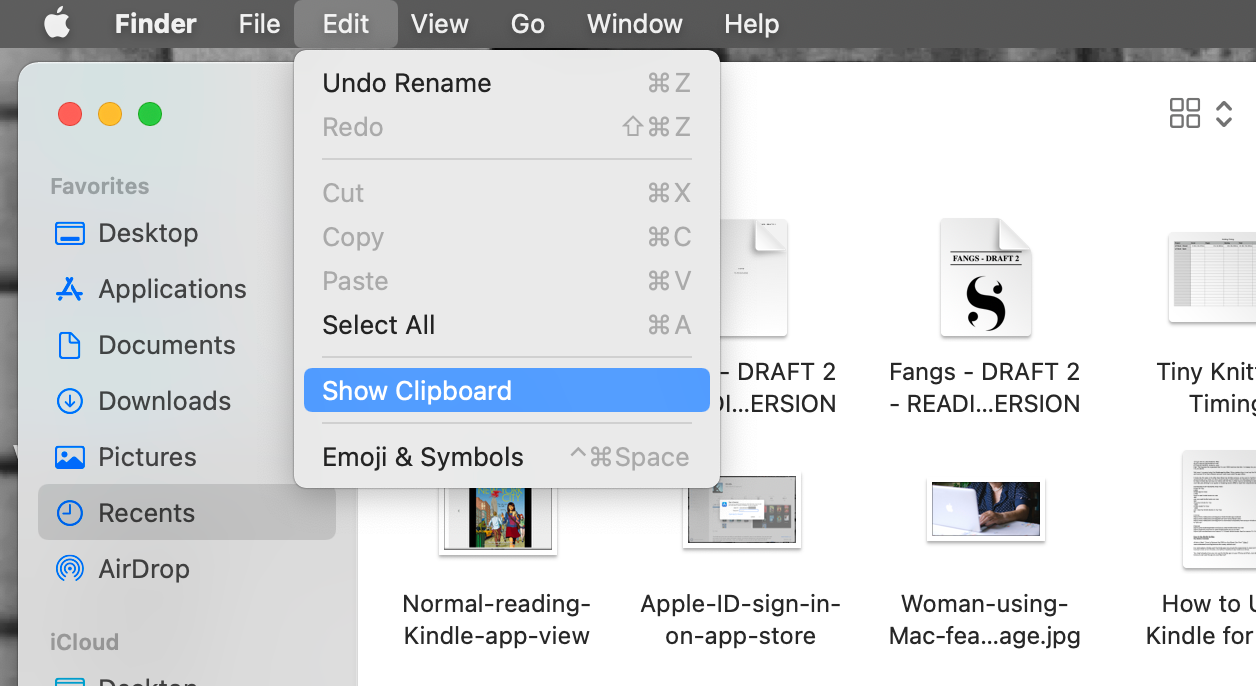 Tampilkan Clipboard yang dipilih di menu tarik-turun Edit Finder