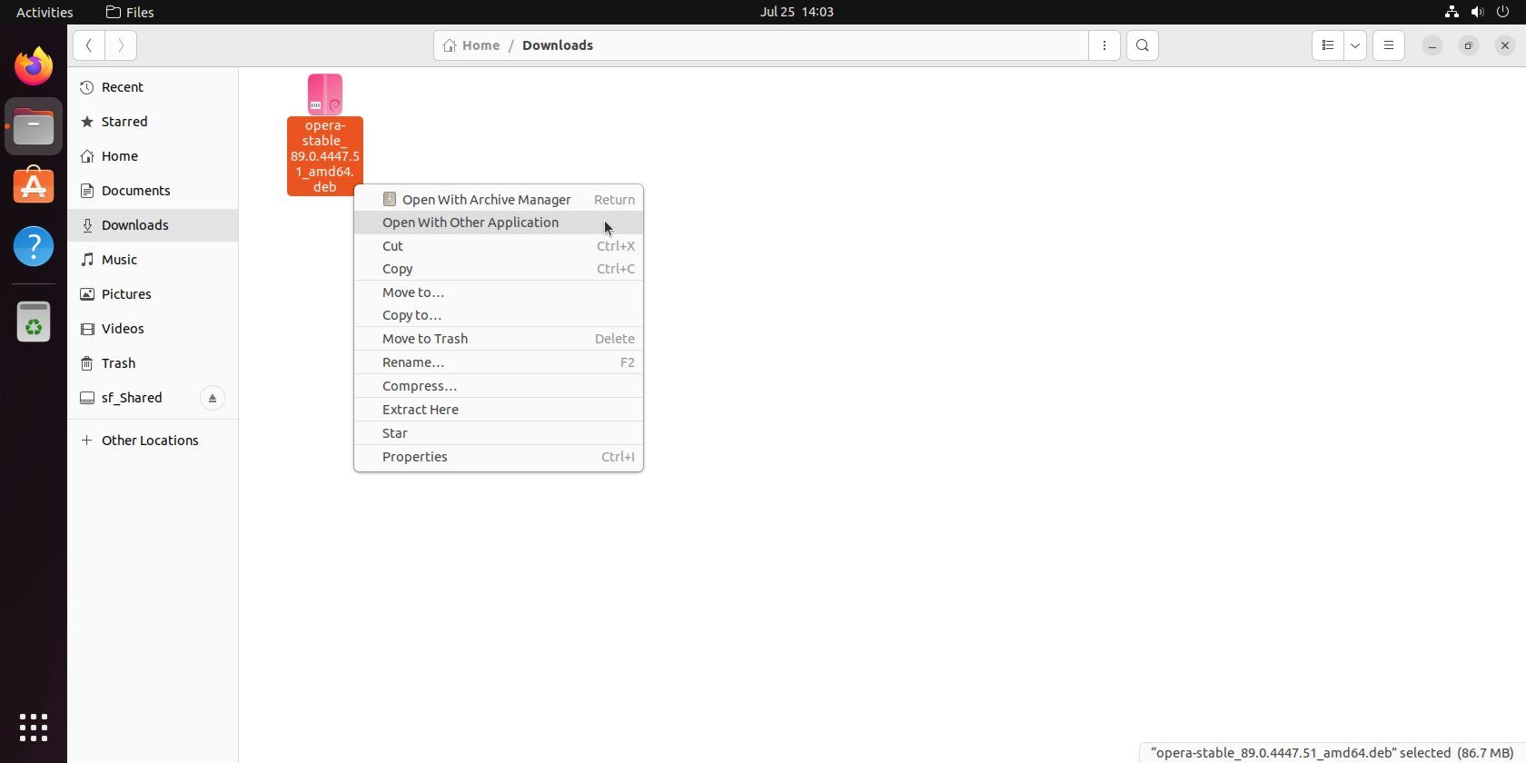 Menu klik kanan GNOME diaktifkan pada file DEB stabil Opera.