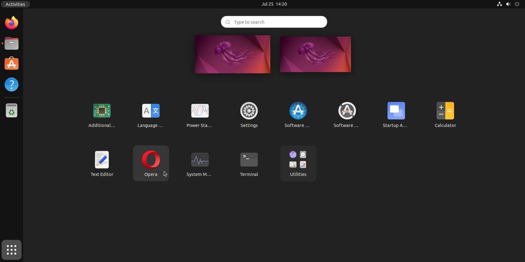 Menu aplikasi GNOME, dengan Opera disorot.